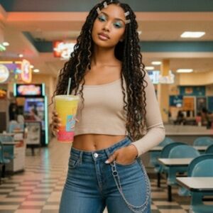 Y2K Harlow Cream Waffle Ribbed Crop Top SZ M